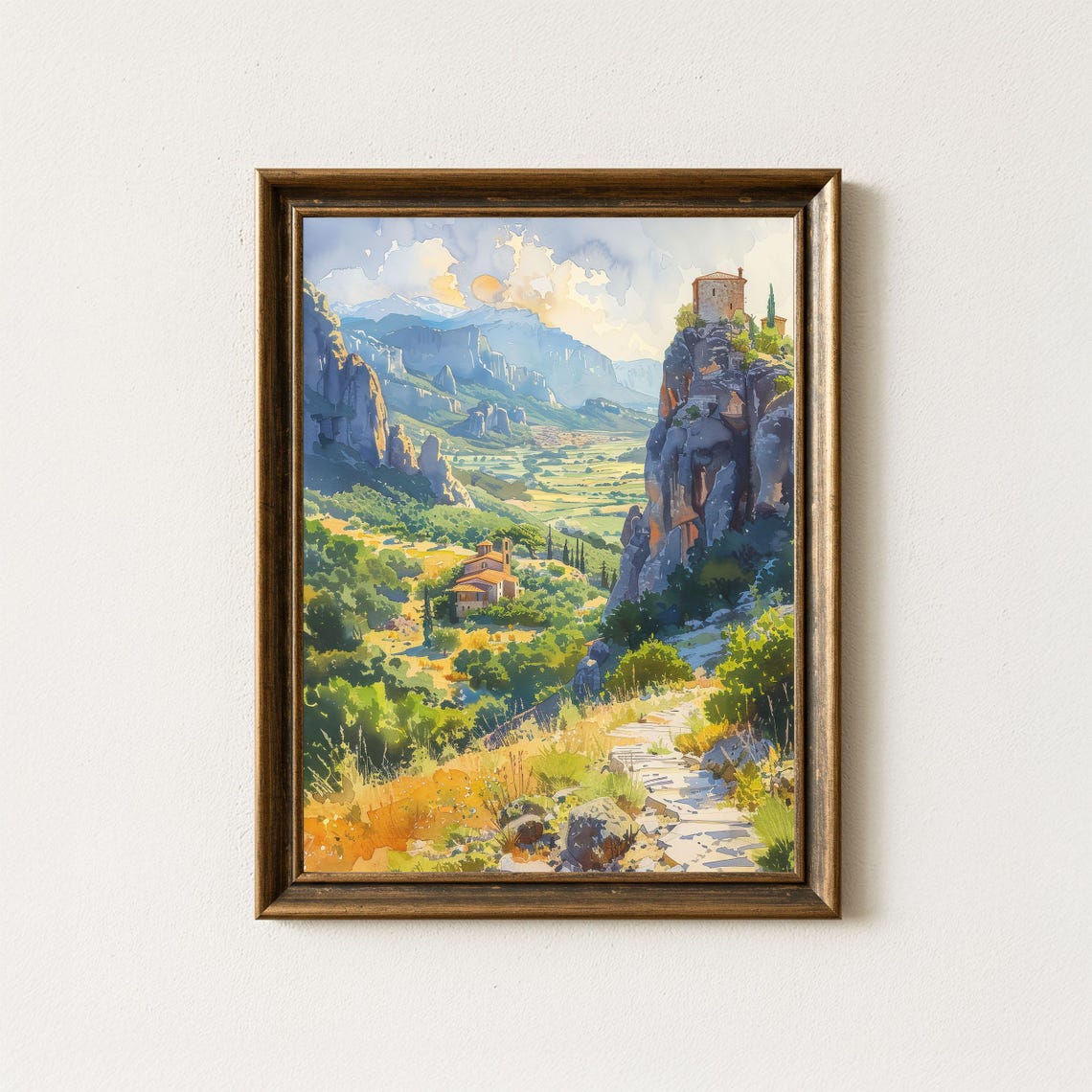 Meteora Greece Cliff Monastery Golden Valley Watercolor Art Poster