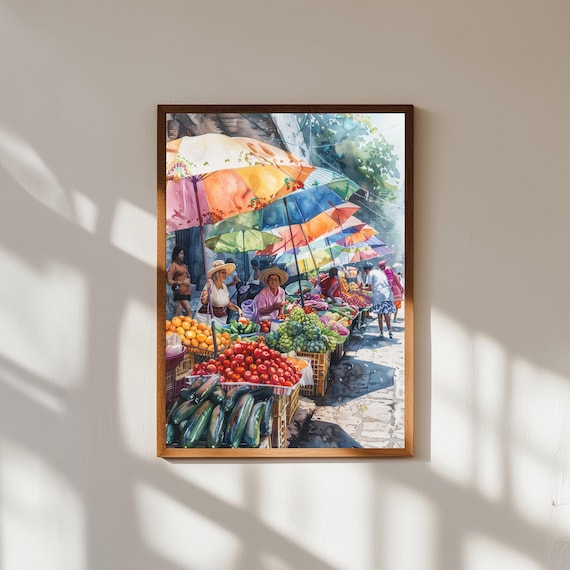 Oaxaca Mexico Vibrant Market Street Colorful Umbrellas Watercolor Poster