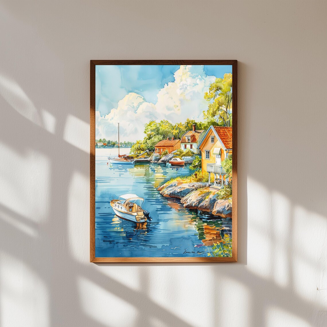 Scandinavian Harbor Watercolor Poster Coastal Boats Summer Nordic Art