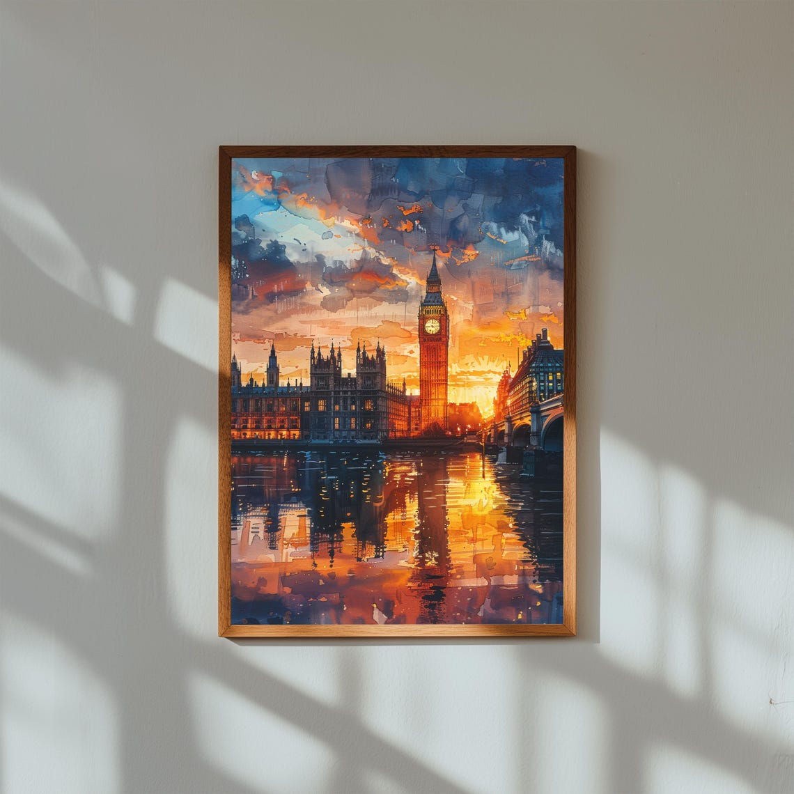 Big Ben London Sunset Thames Reflection Watercolor Art Poster