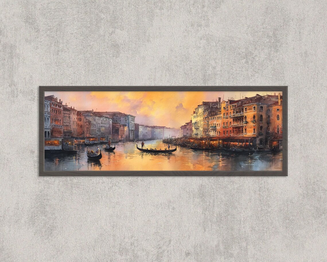 Venice Grand Canal Sunset Gondolas Watercolor Panoramic Art Print