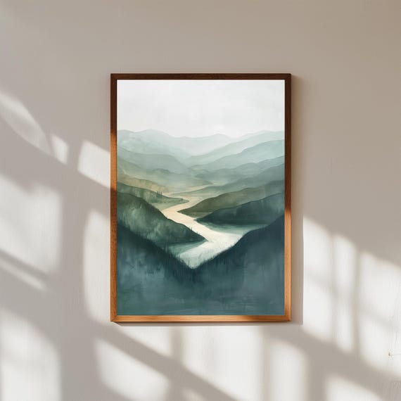 Highlands River Landscape Wall Art Calm Nature Painting Of Winding Through Hills Serene Mountain Scenery Canvas Rustic Decor
