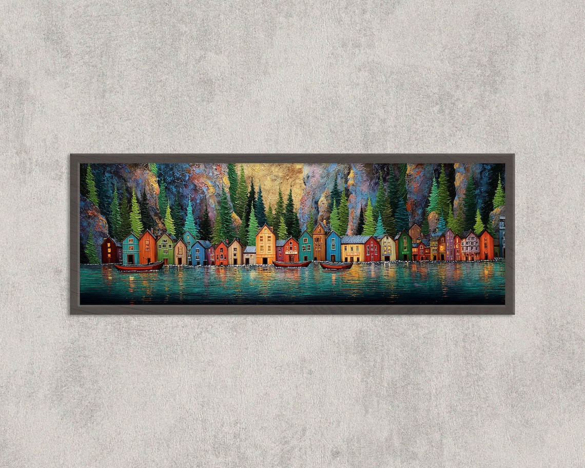 Norwegian Fjord Village Colorful Houses Forest Reflection Wall Art