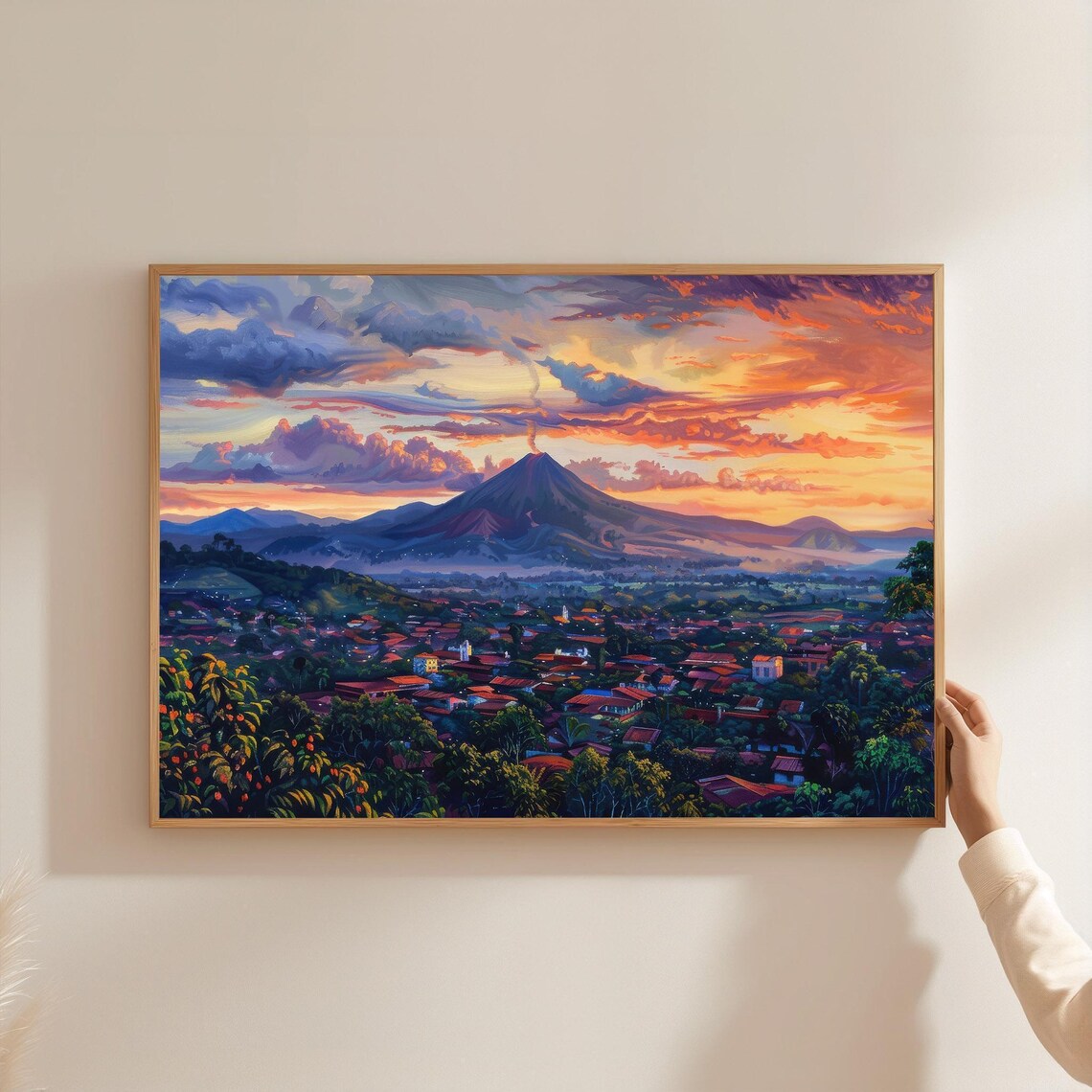 Volcano Sunset Over Tropical Town Dramatic Oil Painting Poster