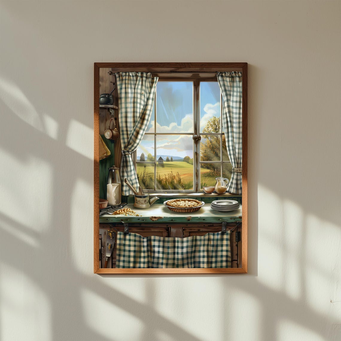 Cozy Farmhouse Kitchen Window Fresh Pie Gingham Curtains Print