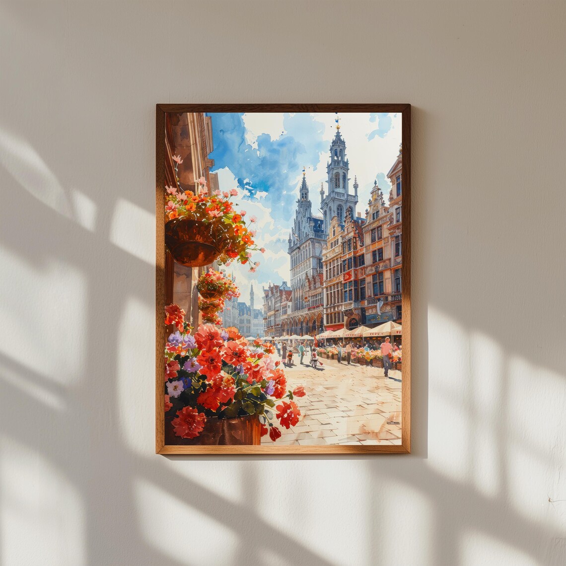 Grand Place Brussels Watercolor Guildhall Flower Market Poster