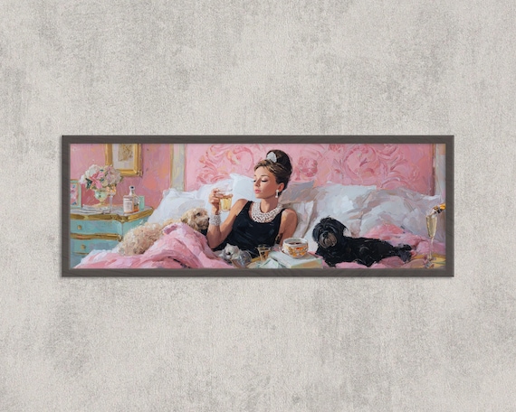 Audrey Hepburn Glamour Bedroom Dogs Champagne Panoramic Art Poster