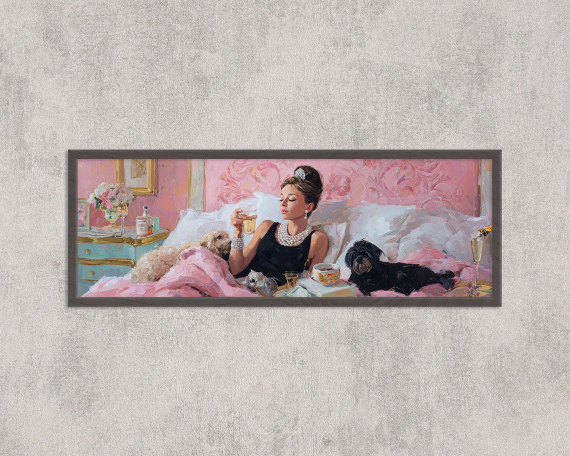 Audrey Hepburn Glamour Bedroom Dogs Champagne Panoramic Art Poster