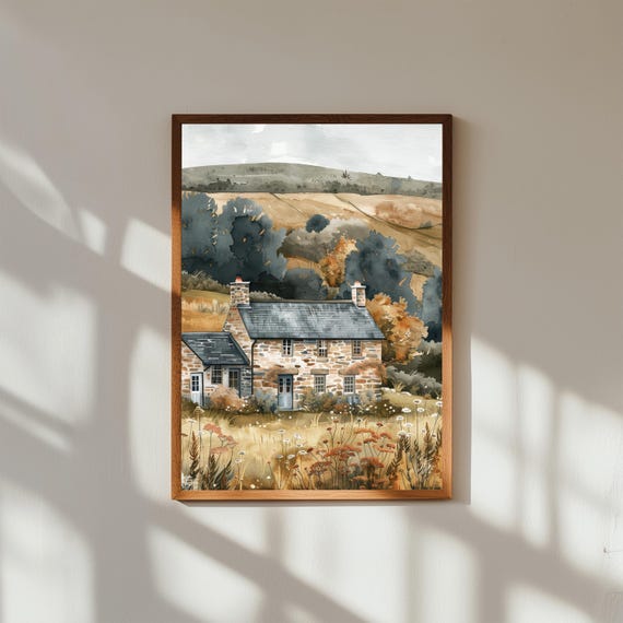 Cozy Stone Cottages In The Highlands Wall Art Rustic Mountain Village Landscape Countryside Cottage Canvas Serene Nature Print