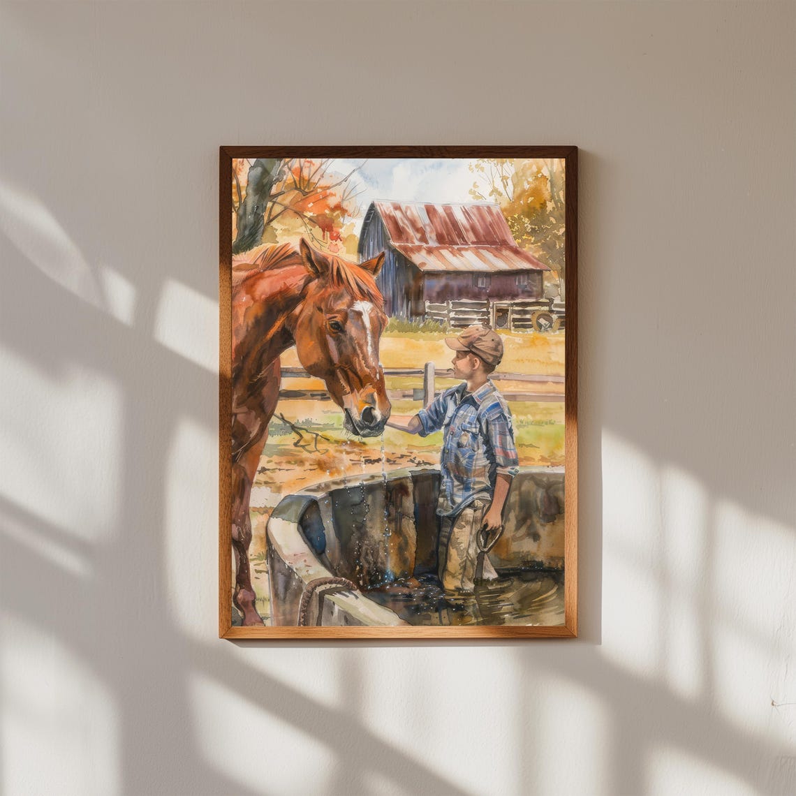 Boy Petting Horse at Farm Trough Watercolor Rustic Barn Print