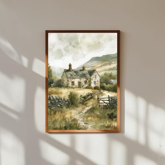 Cozy Stone Cottages In The Highlands Wall Art Rustic Mountain Village Landscape Countryside Cottage Canvas Serene Nature Print