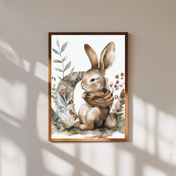 Bunny Letter C Watercolor Initial Woodland Nursery Animal Poster