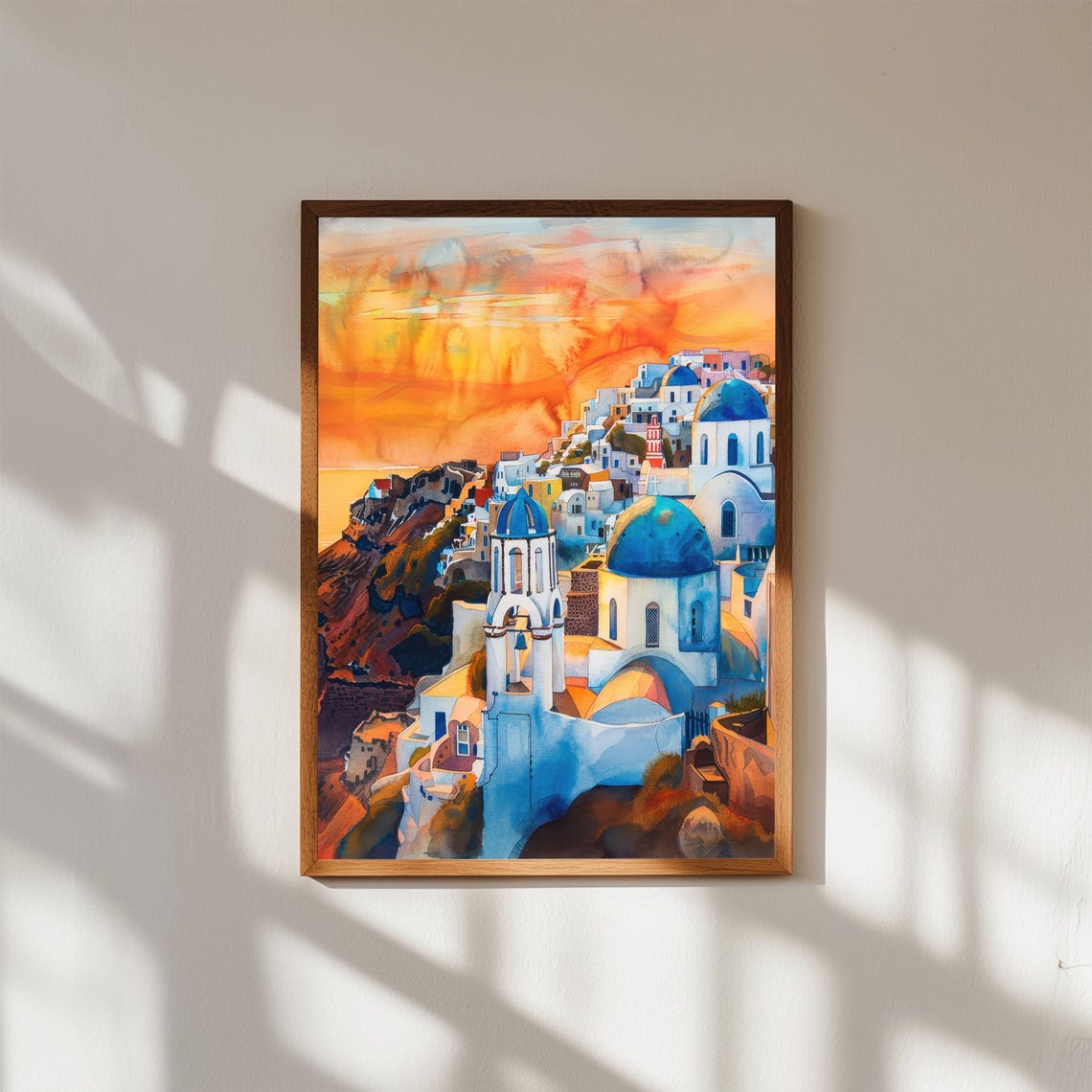 Santorini Greece Sunset Blue Domed Churches Watercolor Art Poster
