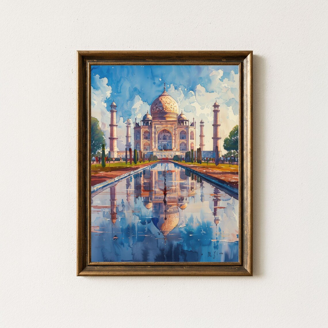 Taj Mahal Watercolor Travel Poster, India Sunrise