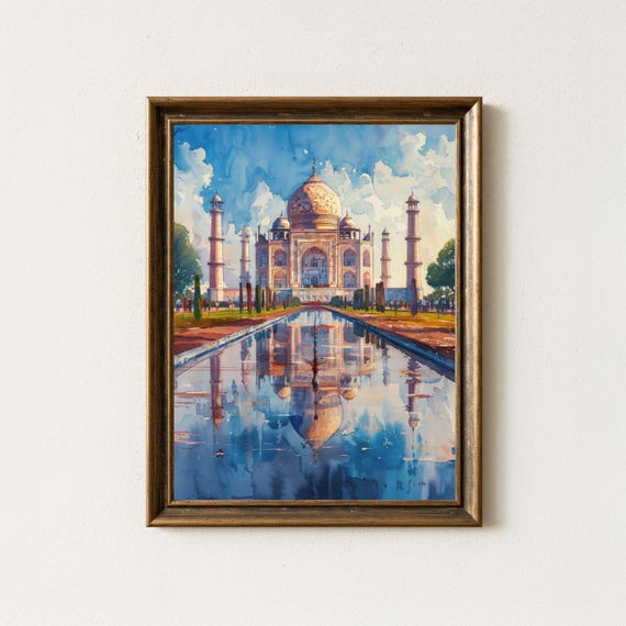 Taj Mahal Watercolor Travel Poster, India Sunrise