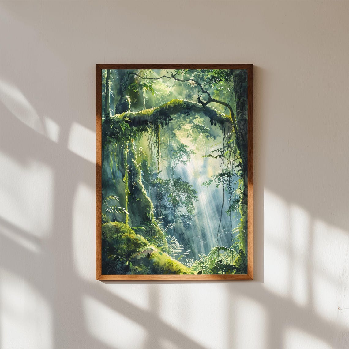 Tropical Rainforest Canopy Mossy Arch Sunbeam Watercolor Art Poster