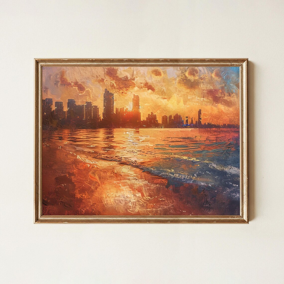 Beirut Sunset Coastal Cityscape Fiery Orange Sky Oil Painting Poster