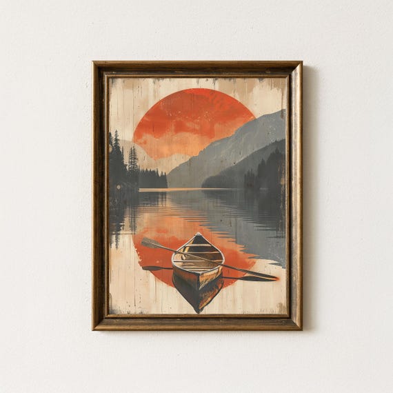 Retro Canoe Lake Print Vintage Mountain Scene Cabin Decor