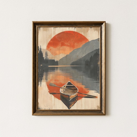 Retro Canoe on Mountain Lake at Sunset Vintage Wilderness Poster