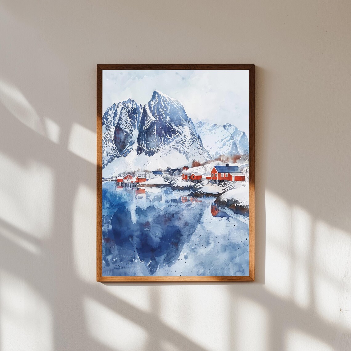 Reine Norway Lofoten Islands Red Cabins Snowy Peaks Watercolor Poster