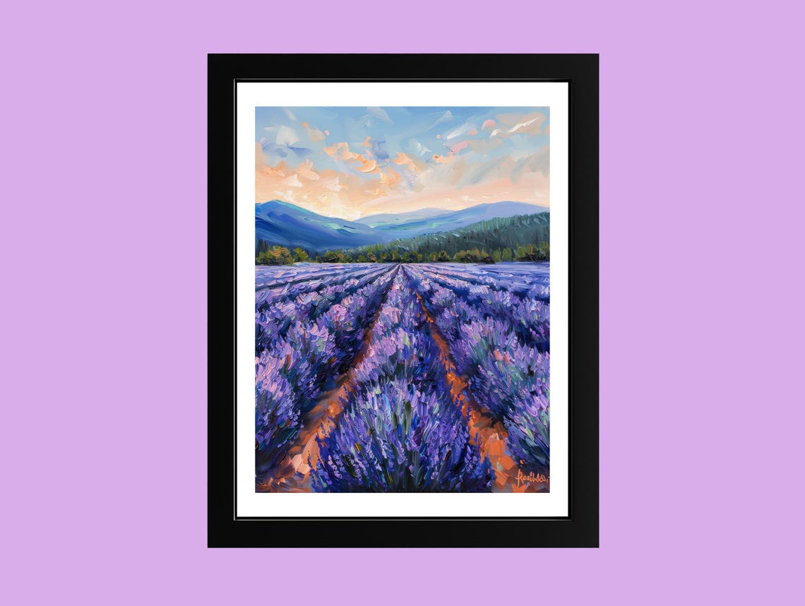 Lavender Field at Sunset Blue Mountain Horizon Nature Poster