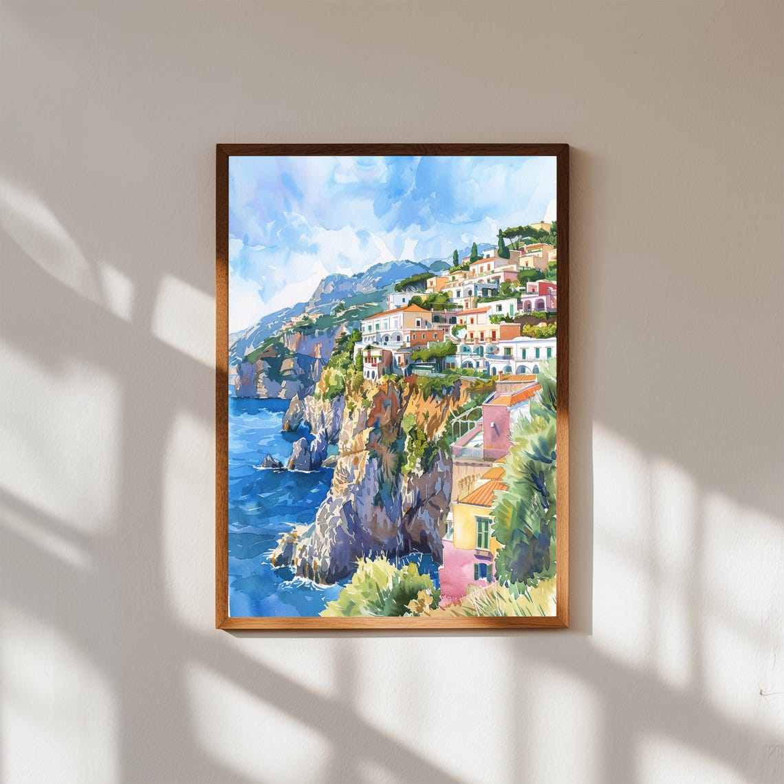 Amalfi Coast Italy Cliffside Village Sea Watercolor Wall Art