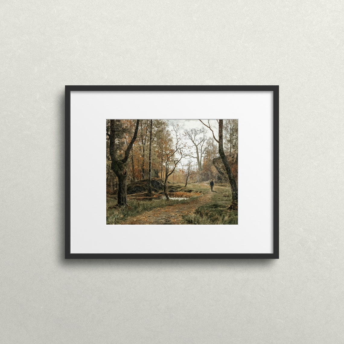 Autumn Woodland Walk Lone Figure Path Pond Vintage Art Print - Image 2