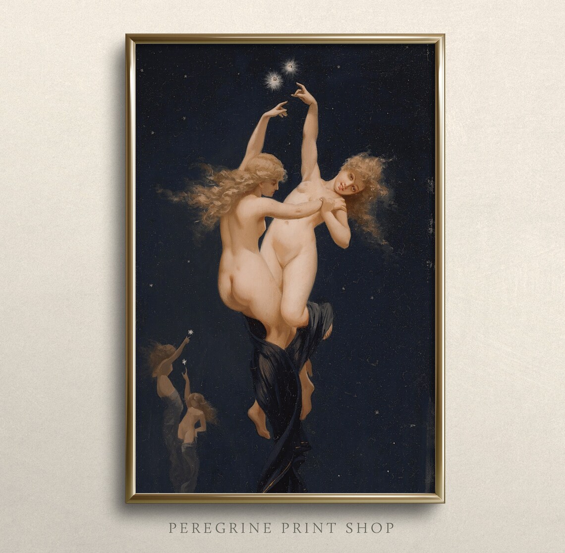 Twin Stars Nymphs Night Sky Mythology Painting Dark Academia Wall Art