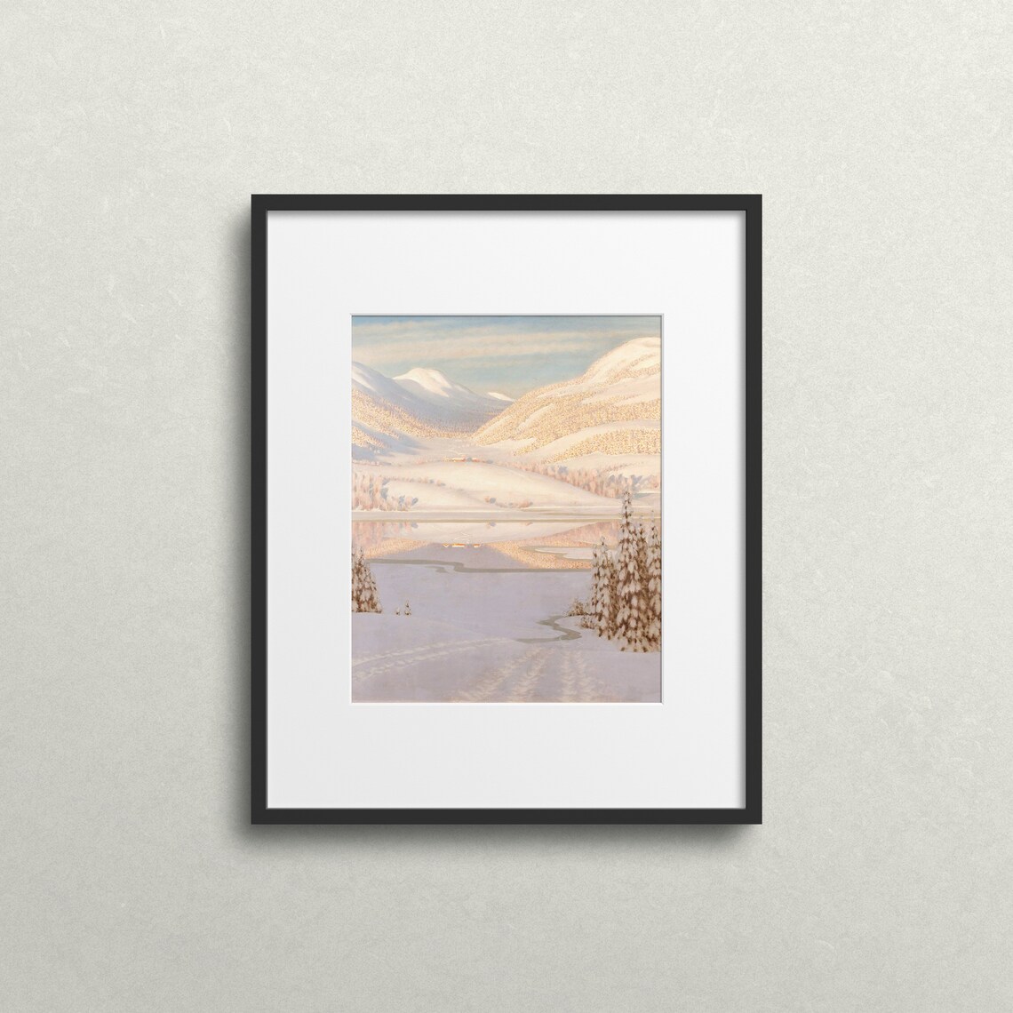 Winter Mountain Landscape Pastel Snowy Peaks Frozen Lake Art Print - Image 2