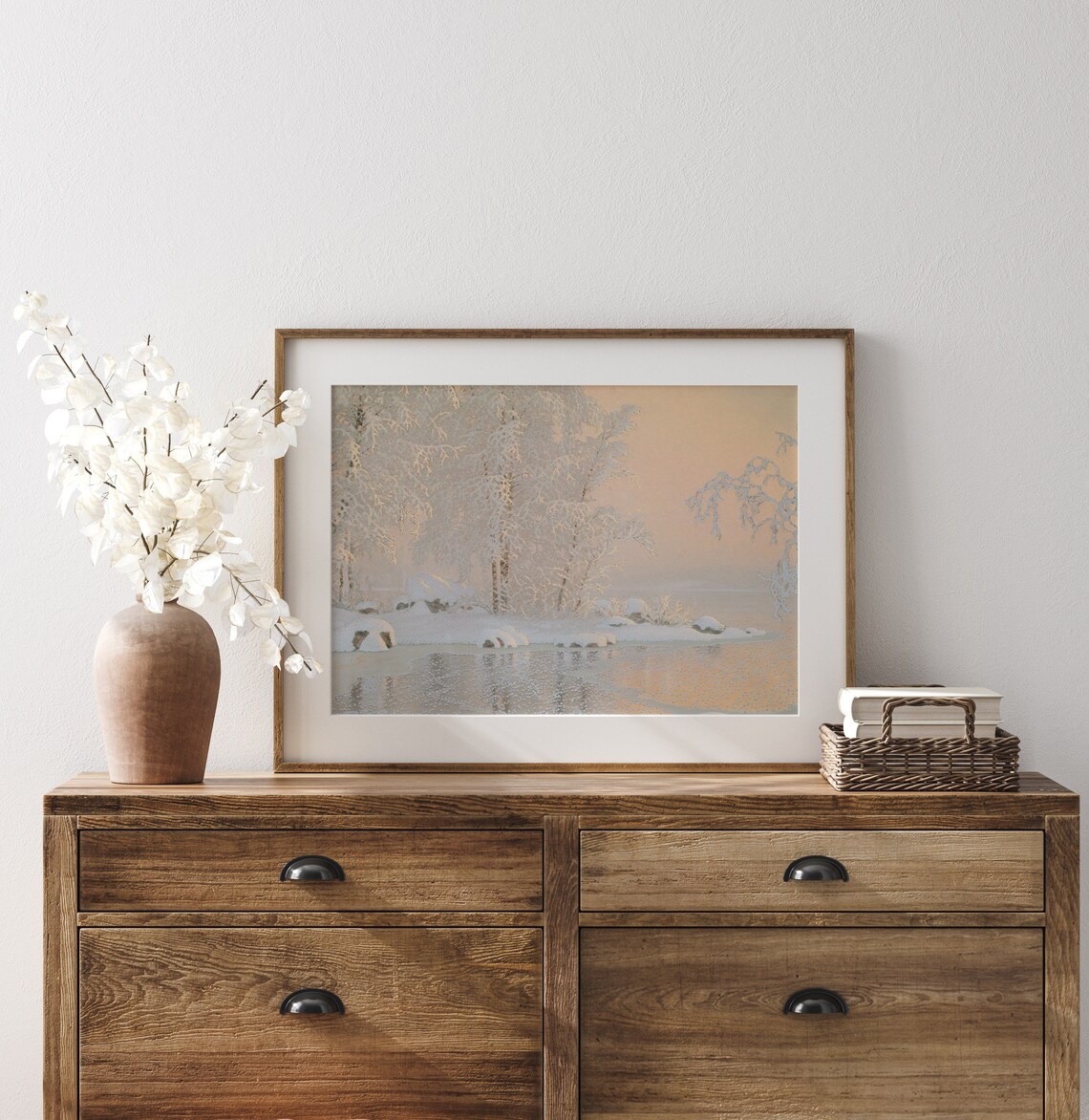 Pastel Winter Birch Trees Frozen Lake Blush Pink Snow Scene Poster - Image 3