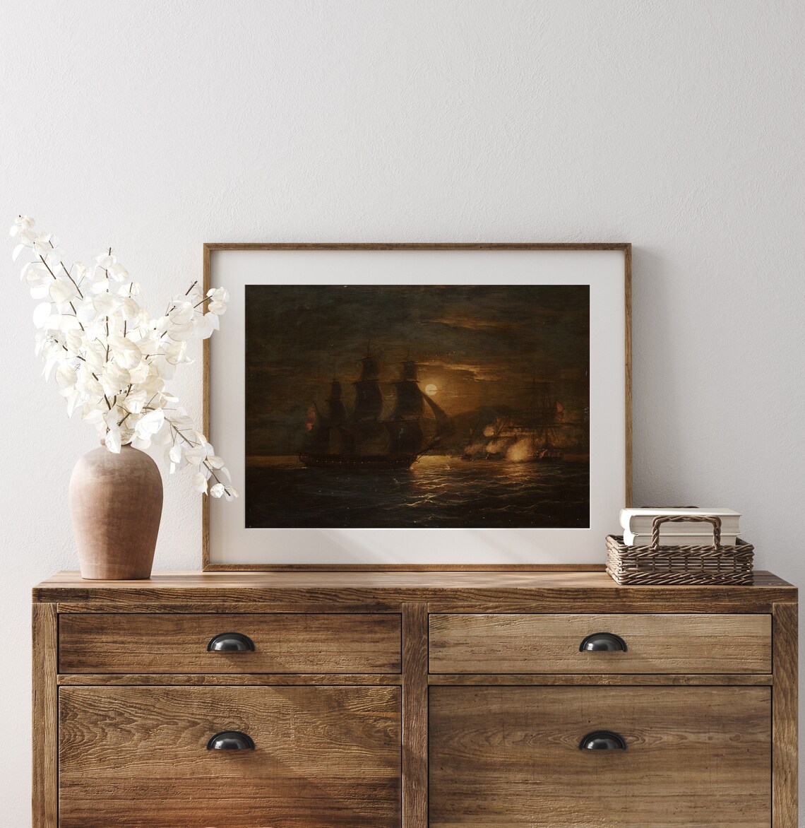 Tall Ships Battle At Night Moonlight Seascape Vintage Oil Painting Print - Image 3