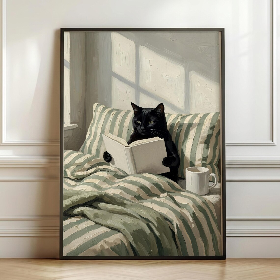 Black Cat Reading in Bed Oil Painting Cozy Book Lover Kitty Poster