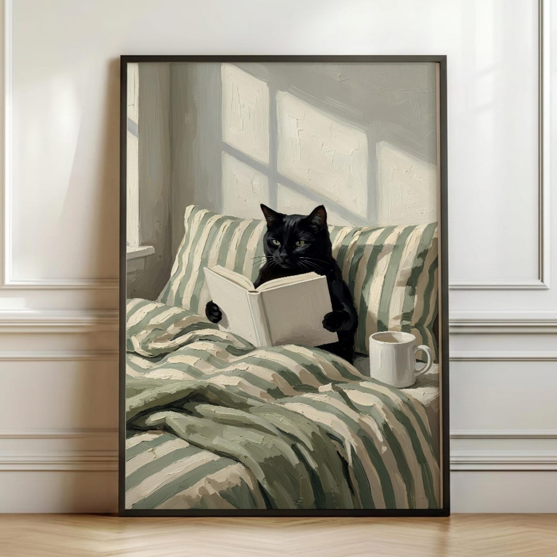 Black Cat Reading Oil Painting Print Cozy Bedroom Wall Art Impasto Poster