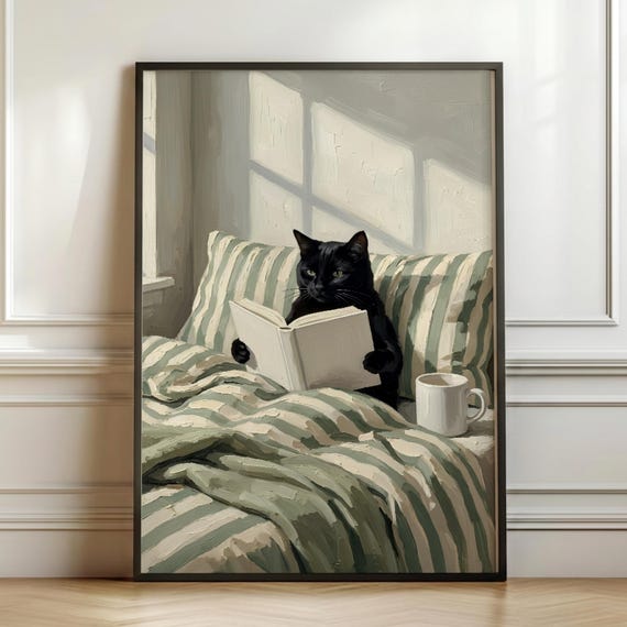 Black Cat Reading Oil Painting Print Cozy Bedroom Wall Art Impasto Poster
