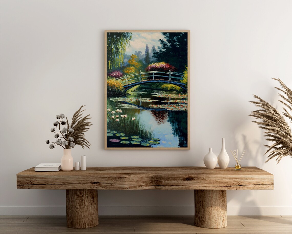 Monet Inspired Blue Footbridge Over Water Lilies and Weeping Willows Poster - Image 3