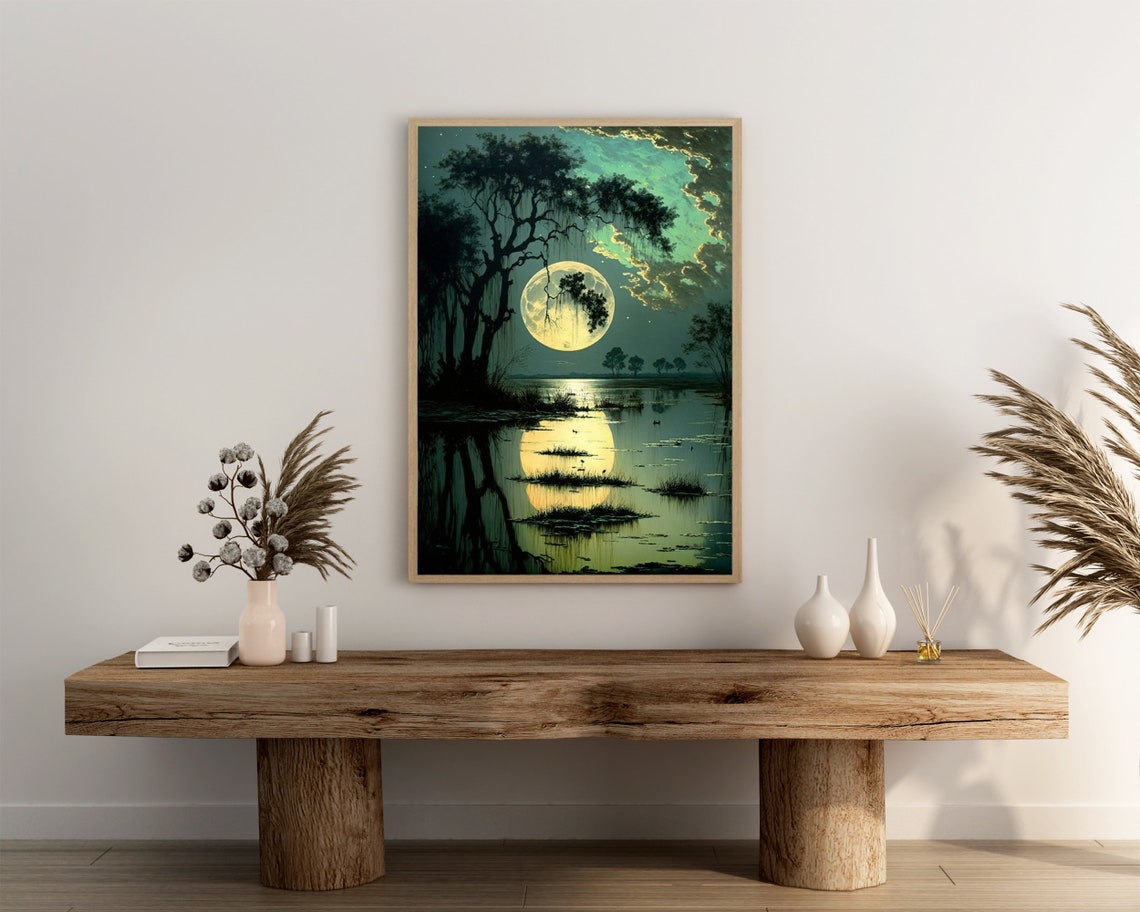 Moonrise Over Still Marsh Lake With Perfect Reflection Poster - Image 3