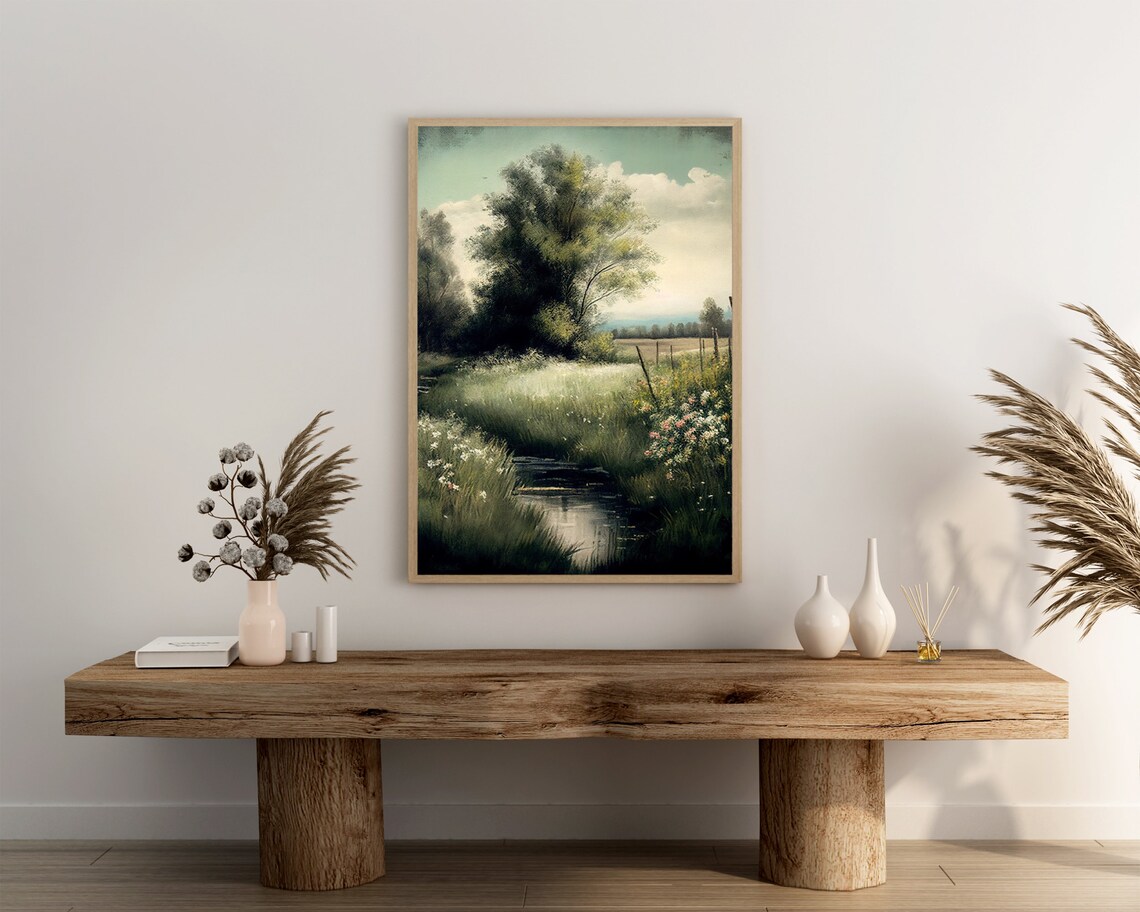 Vintage Meadow Stream Big Tree Wildflowers Countryside Poster - Image 3