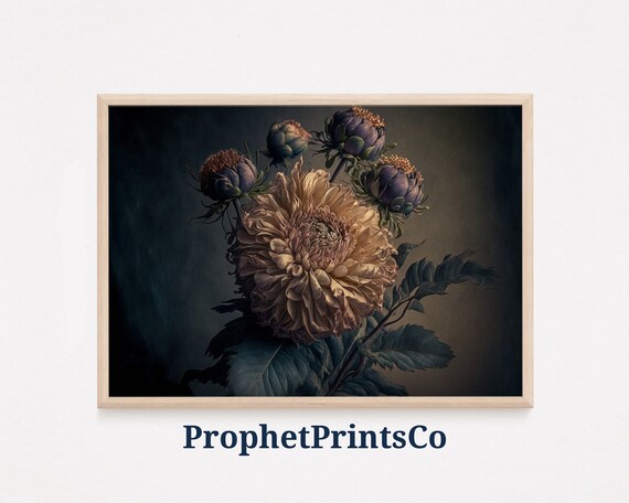 Moody Vintage Tan Bloom With Buds on Dark Background Botanical Art Poster