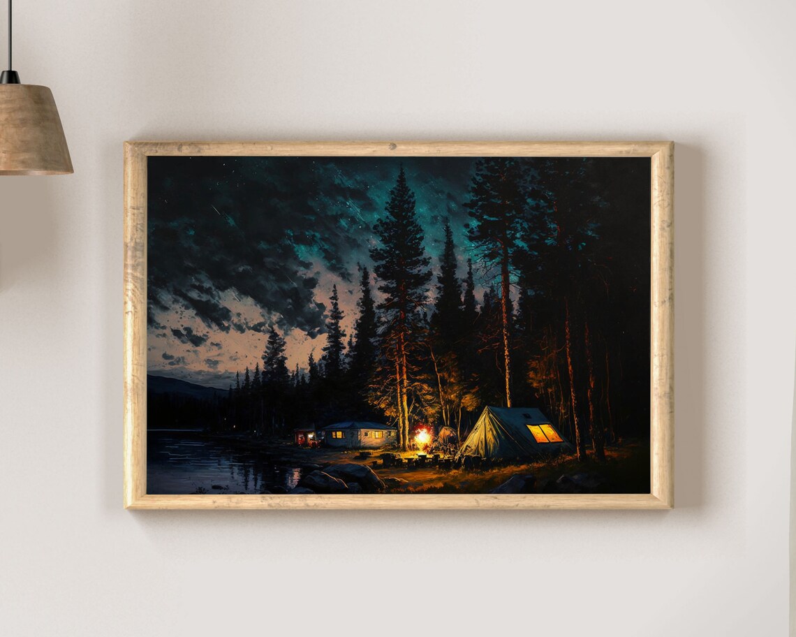 Night Beach Camping With Tents Campfire and Starry Sky Painting Art Poster - Image 2
