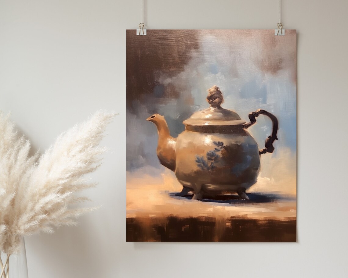 Classic Vintage Teapot Still Life Soft Blue Grey Oil Painting Poster - Image 2