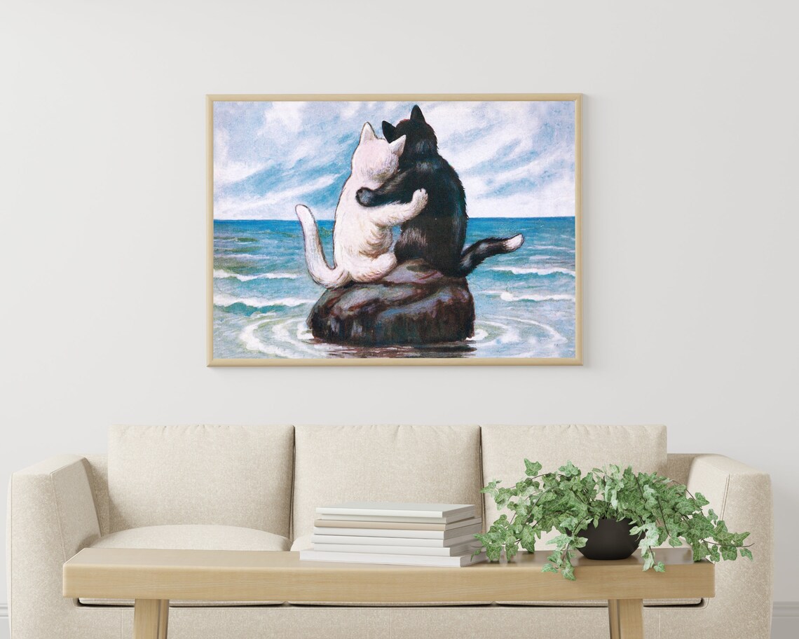 Two Cats Hugging On Rock By The Sea Vintage Heartwarming Poster - Image 3