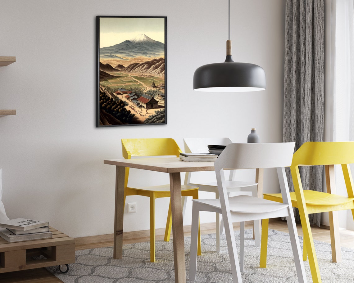 Majestic Mount Fuji Over Japanese Village and Rice Fields Poster - Image 2