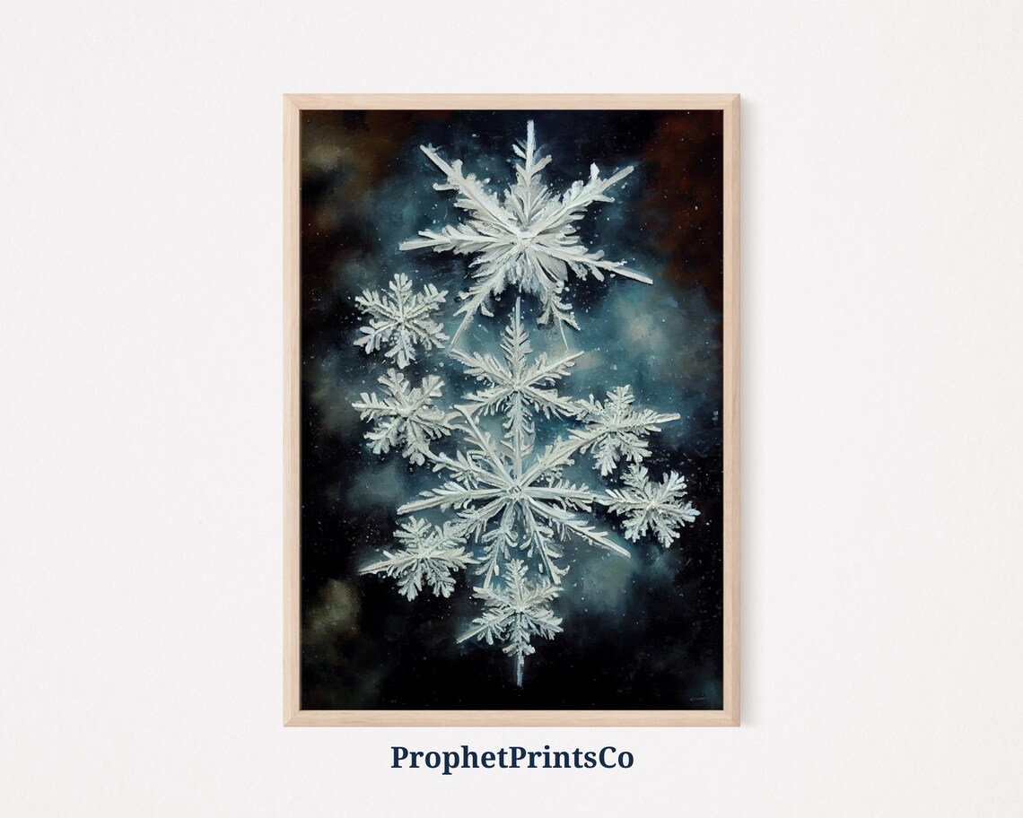 Macro Snowflakes on Dark Winter Night Oil Painting Snow Art Poster