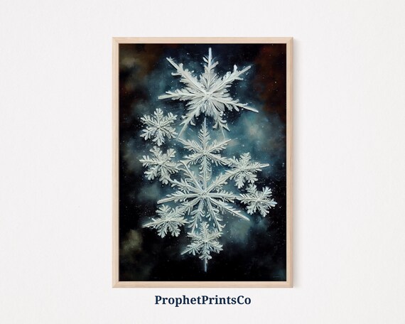 Macro Snowflakes on Dark Winter Night Oil Painting Snow Art Poster