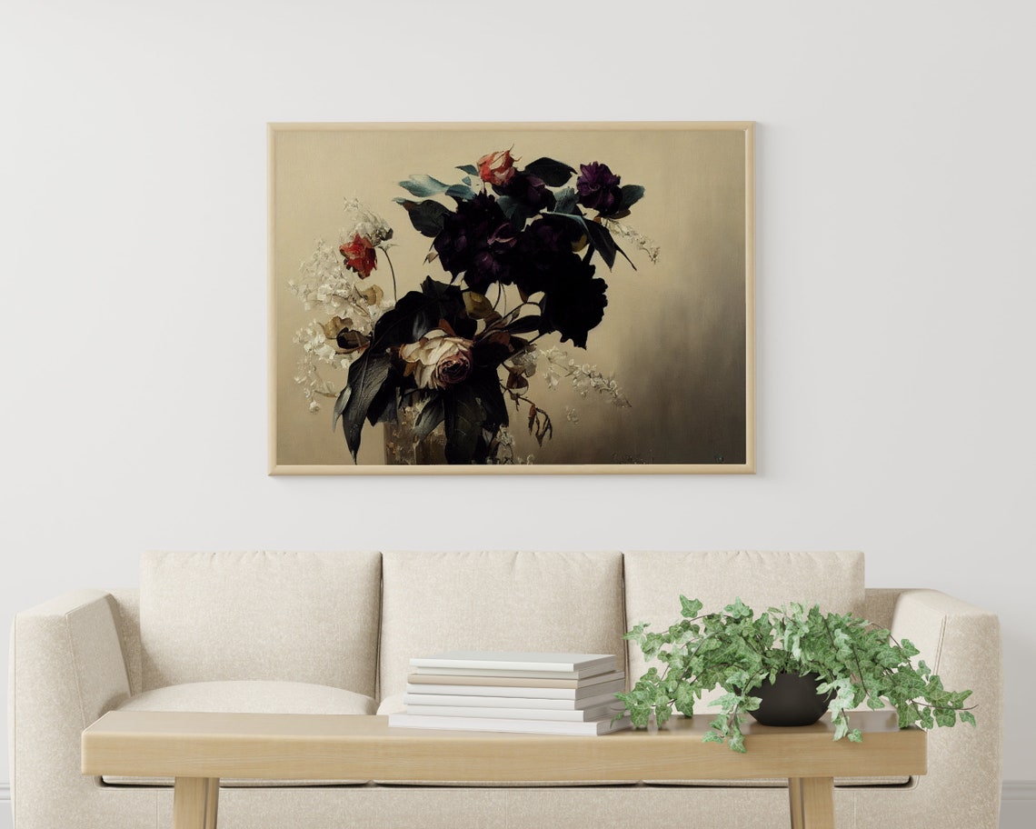 Dark Moody Dahlia and Rose Bouquet Vintage Floral Oil Poster - Image 3