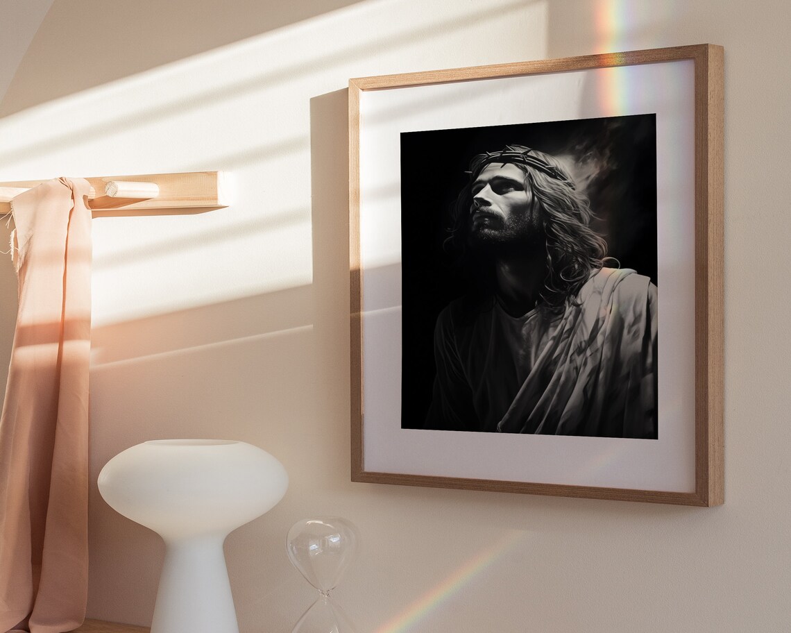 Jesus Christ Crown of Thorns Black and White Portrait Poster - Image 3
