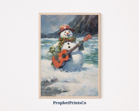 Snowman In Hawaii Print Tropical Hawaiian Art Cute Christmas Wall Art Xmas Snowman Art Print Wall Art