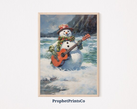 Snowman Playing Guitar Ocean Surf Waves Holiday Fun Christmas Poster