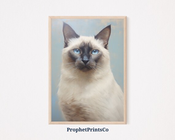 Siamese Cat Portrait Blue Eyes Soft Blue Art Painting Poster