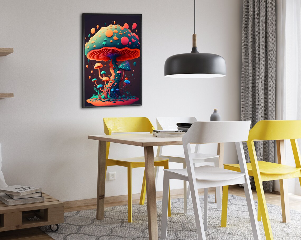 Colorful Trippy Mushroom With Teal Cap And Red Gills Surreal Poster - Image 2